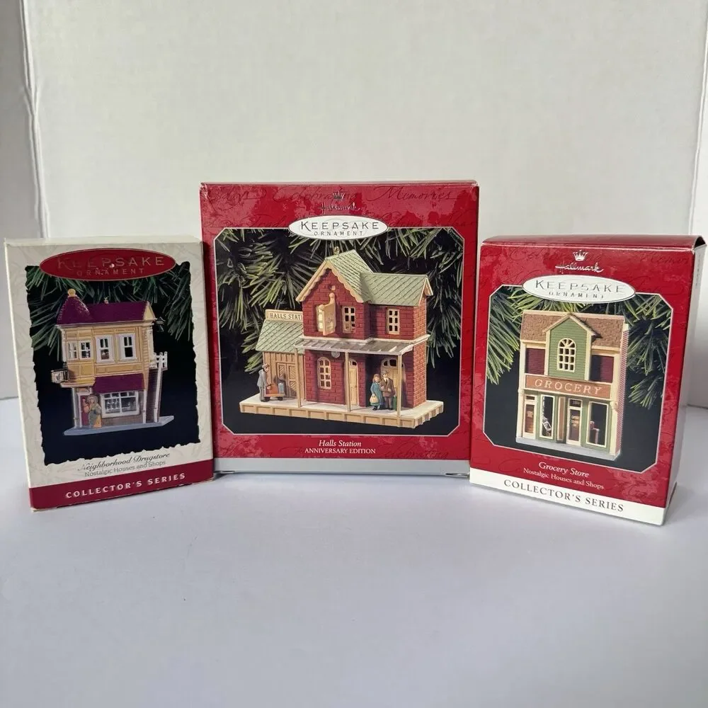 Hallmark Nostalgic Houses Ornament Lot Grocery Store Hall Station Set of 3